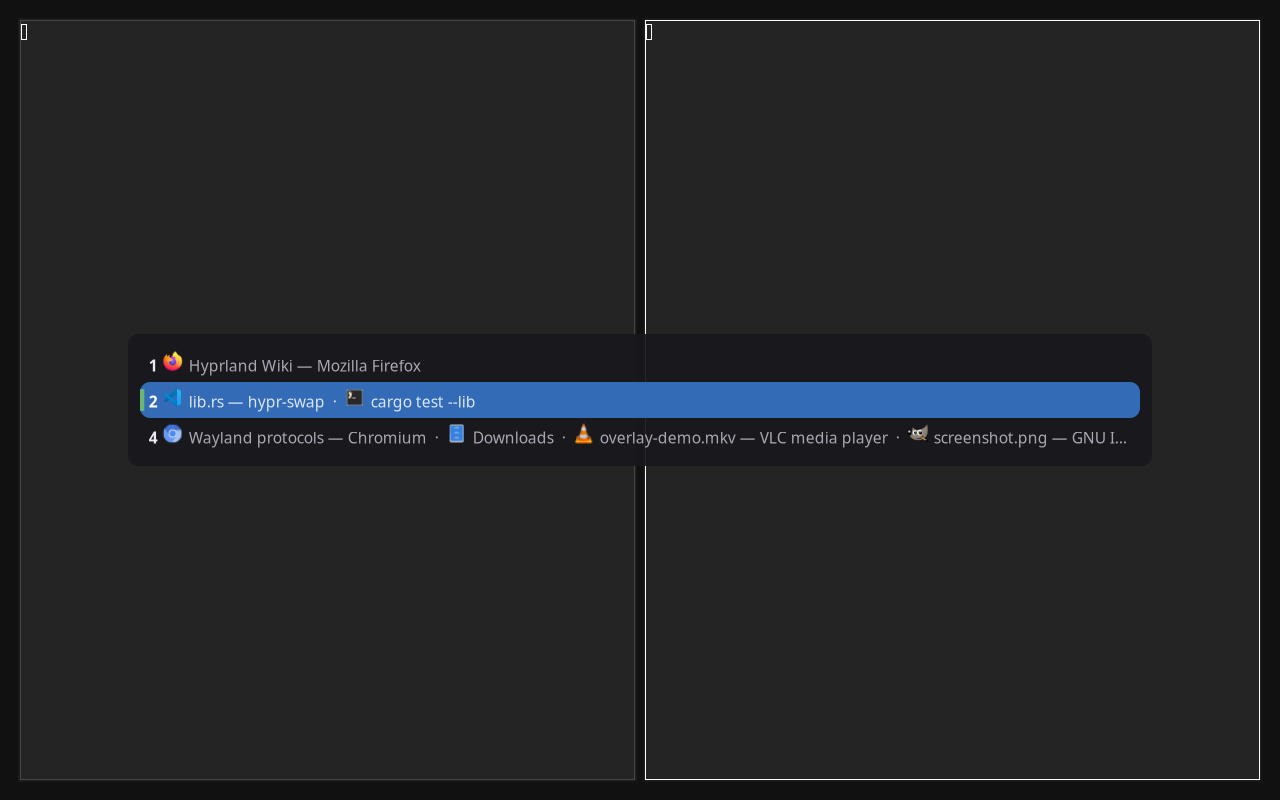 The overlay's flat list: one line per workspace, each with its windows and their program icons